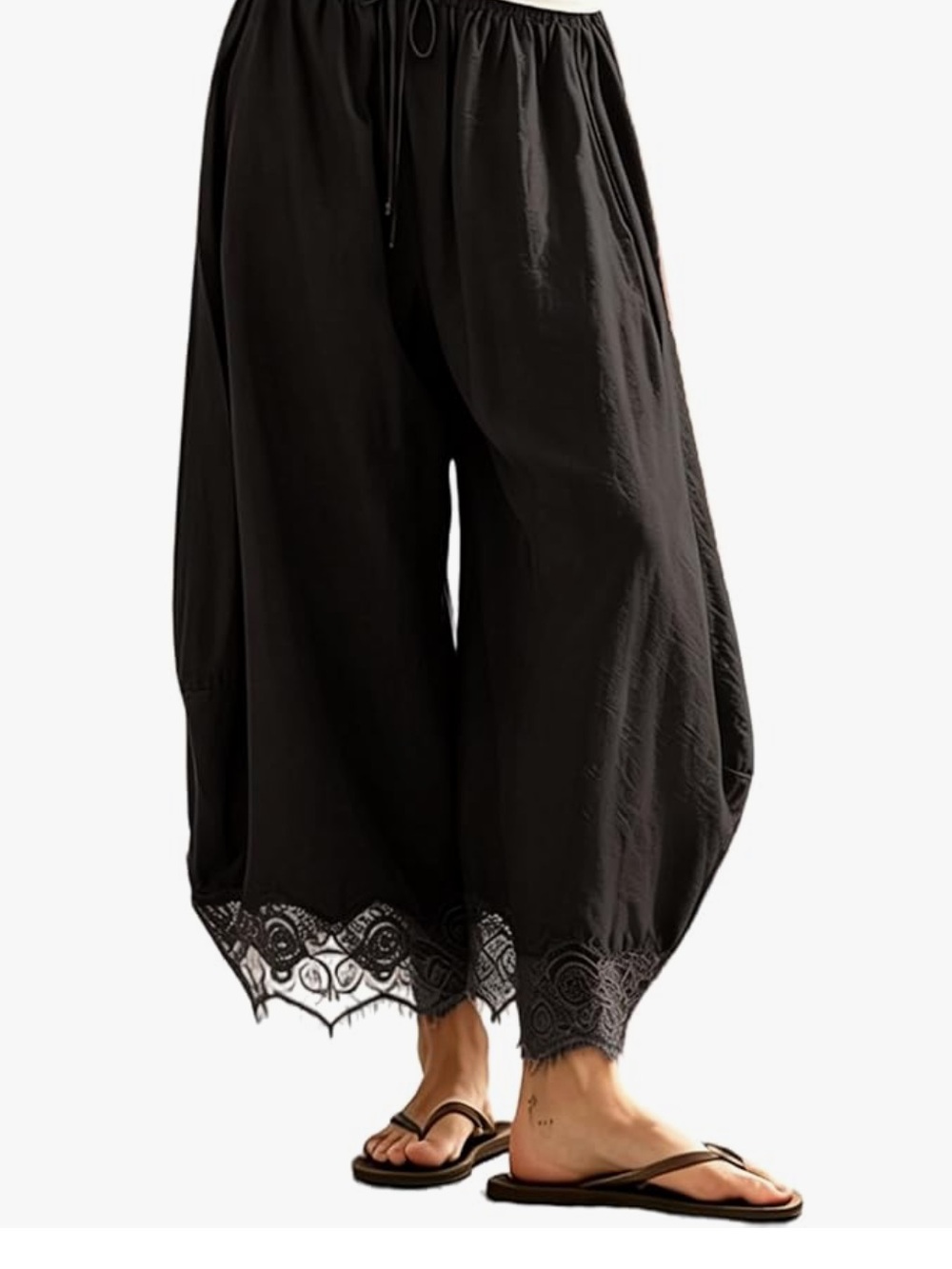 NWT Black Wide-Leg Lace Hem Pants with Drawstring Waist 😎
